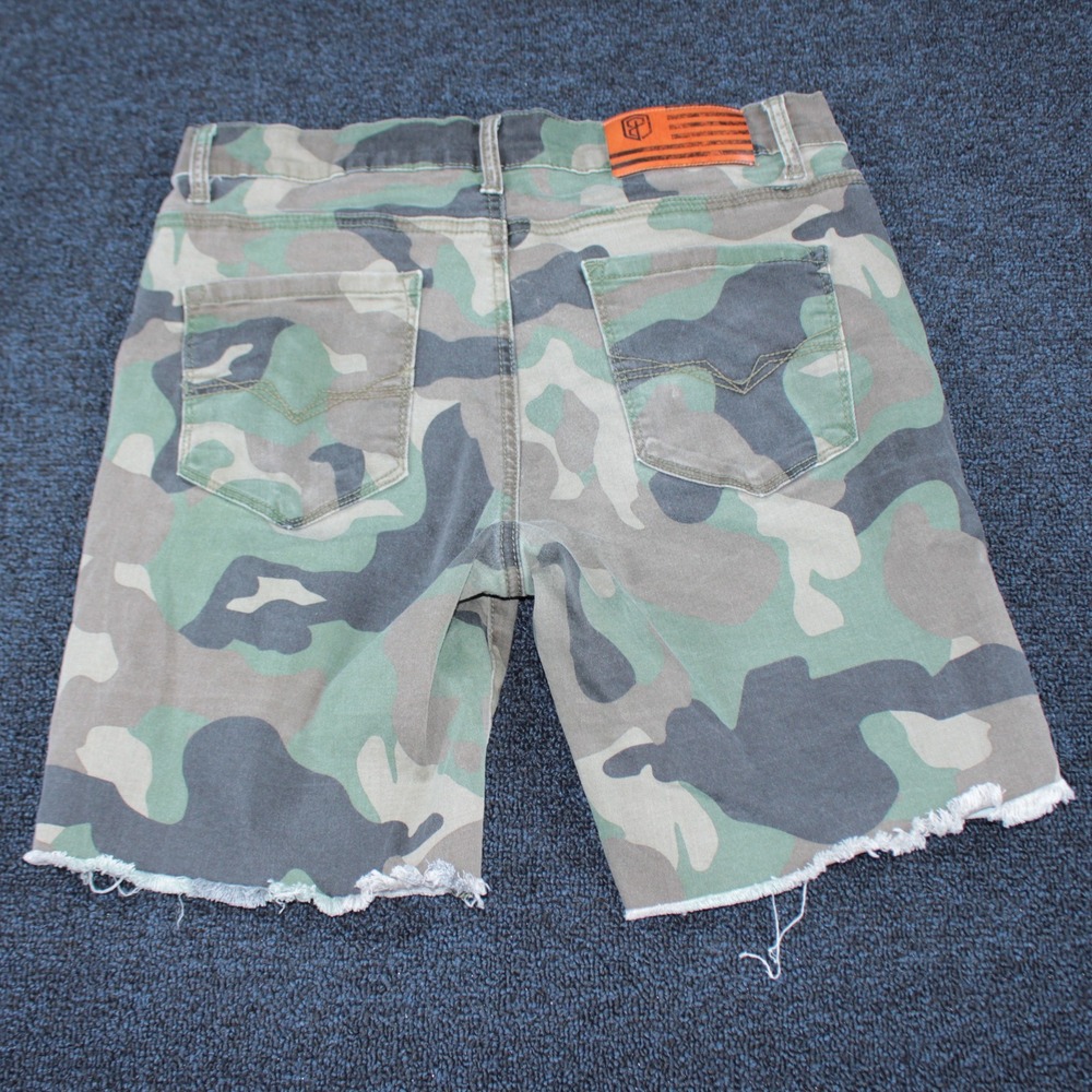 Born Primitive Jorts Mens Large Green Camo 8" Denim Cutoff Shorts Raw Hem - Picture 2 of 14